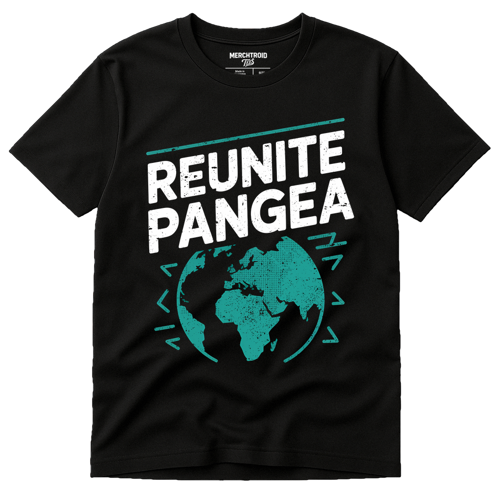 Black Geology Shirts - "Reunite Pangea" graphic tee with teal print, flat lay product photo