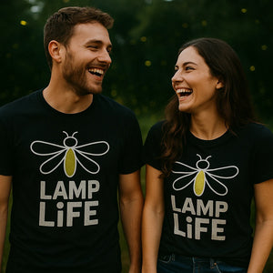 Person wearing the black firefly t shirt graphic tee - "Lamp Life" design