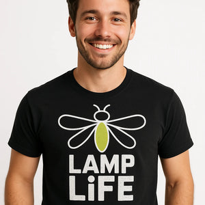 Close-up of the "Lamp Life" white print on a premium Bella+Canvas black firefly t shirt