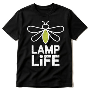 Black Firefly T Shirt - "Lamp Life" graphic tee with white print, flat lay product photo