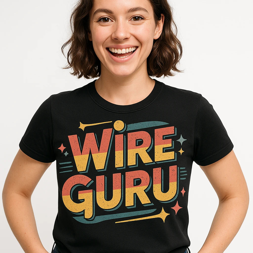 Close-up of the "Wire Guru" orange print on a premium Bella+Canvas black jewelry making shirts