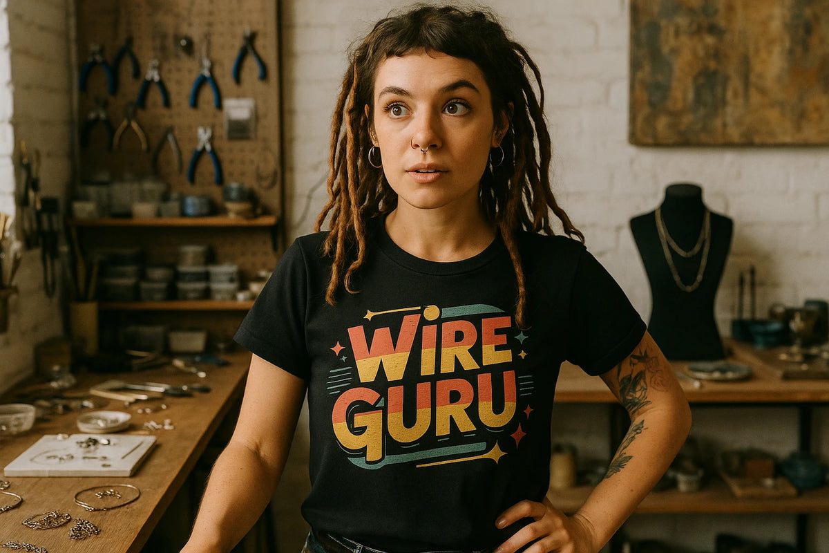 Lifestyle shot of the "Wire Guru" black jewelry making shirts in a real-world setting