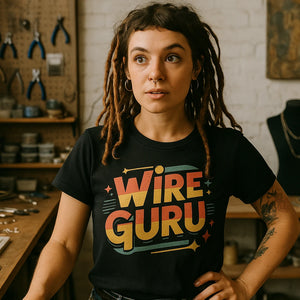 Lifestyle shot of the "Wire Guru" black jewelry making shirts in a real-world setting