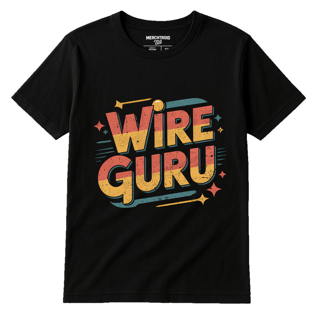 Black Jewelry Making Shirts - "Wire Guru" graphic tee with orange print, flat lay product photo
