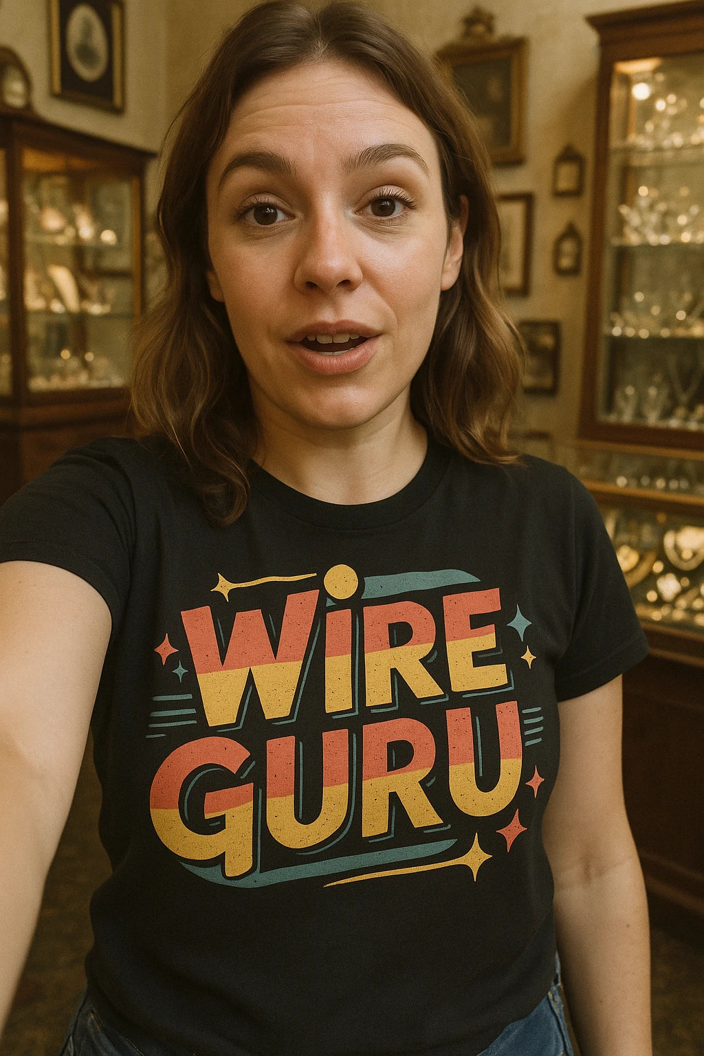 "Wire Guru" black jewelry making shirts, photographed as jewelry making lover gift