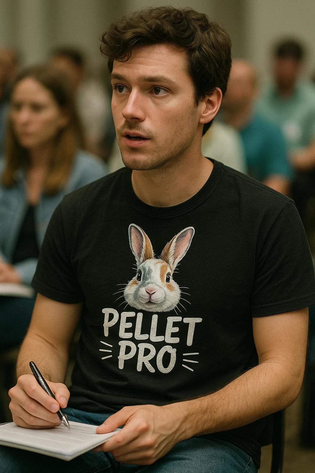 "Pellet Pro" black rabbit tshirts, photographed as gifts for bunny rabbit lovers