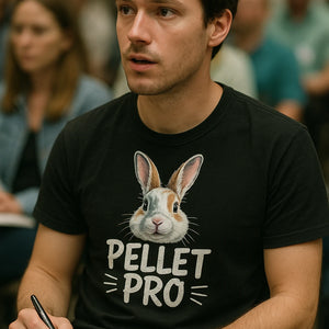 "Pellet Pro" black rabbit tshirts, photographed as gifts for bunny rabbit lovers