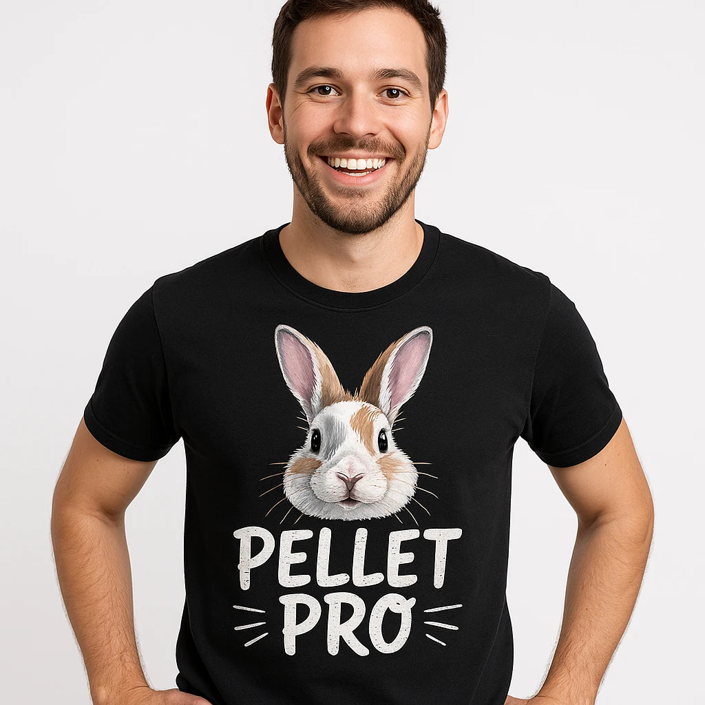 Close-up of the "Pellet Pro" white print on a premium Bella+Canvas black rabbit tshirts