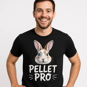 Close-up of the "Pellet Pro" white print on a premium Bella+Canvas black rabbit tshirts