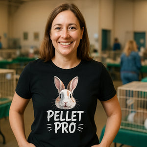 Lifestyle shot of the "Pellet Pro" black rabbit tshirts in a real-world setting