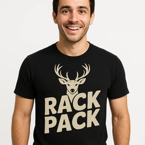 Close-up of the "Rack Pack" beige print on a premium Bella+Canvas black deer tshirts