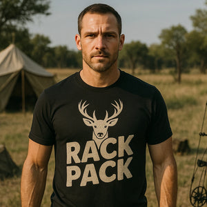 Lifestyle shot of the "Rack Pack" black deer tshirts in a real-world setting