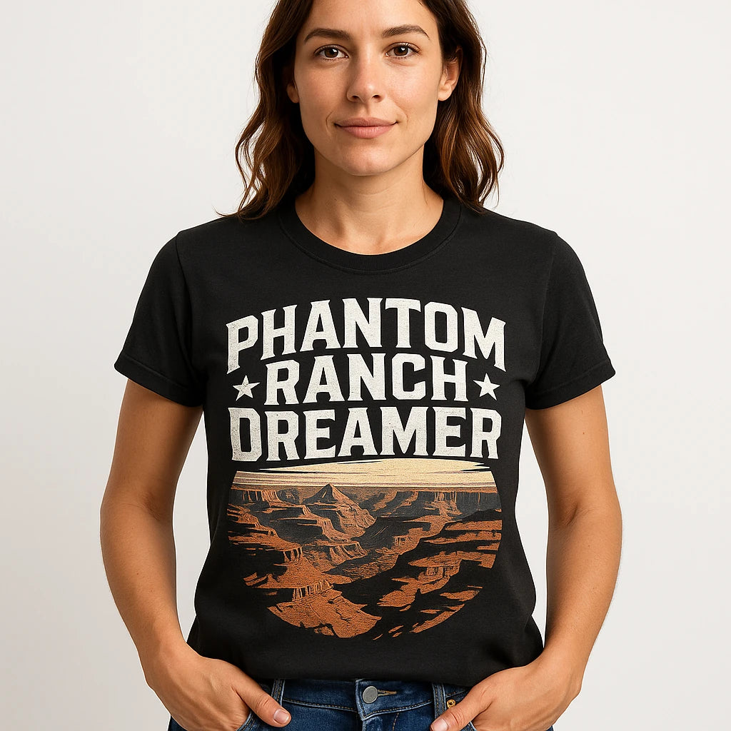 Close-up of the "Phantom Ranch Dreamer" gray print on a premium Bella+Canvas black i hiked the grand canyon t shirt