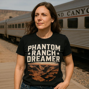 Lifestyle shot of the "Phantom Ranch Dreamer" black i hiked the grand canyon t shirt in a real-world setting