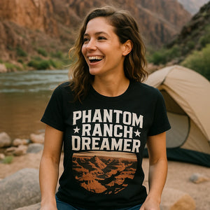 "Phantom Ranch Dreamer" black i hiked the grand canyon t shirt, photographed as the grand canyon lover gift