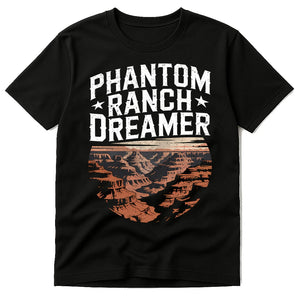 Black I Hiked The Grand Canyon T Shirt - "Phantom Ranch Dreamer" graphic tee with gray print, flat lay product photo