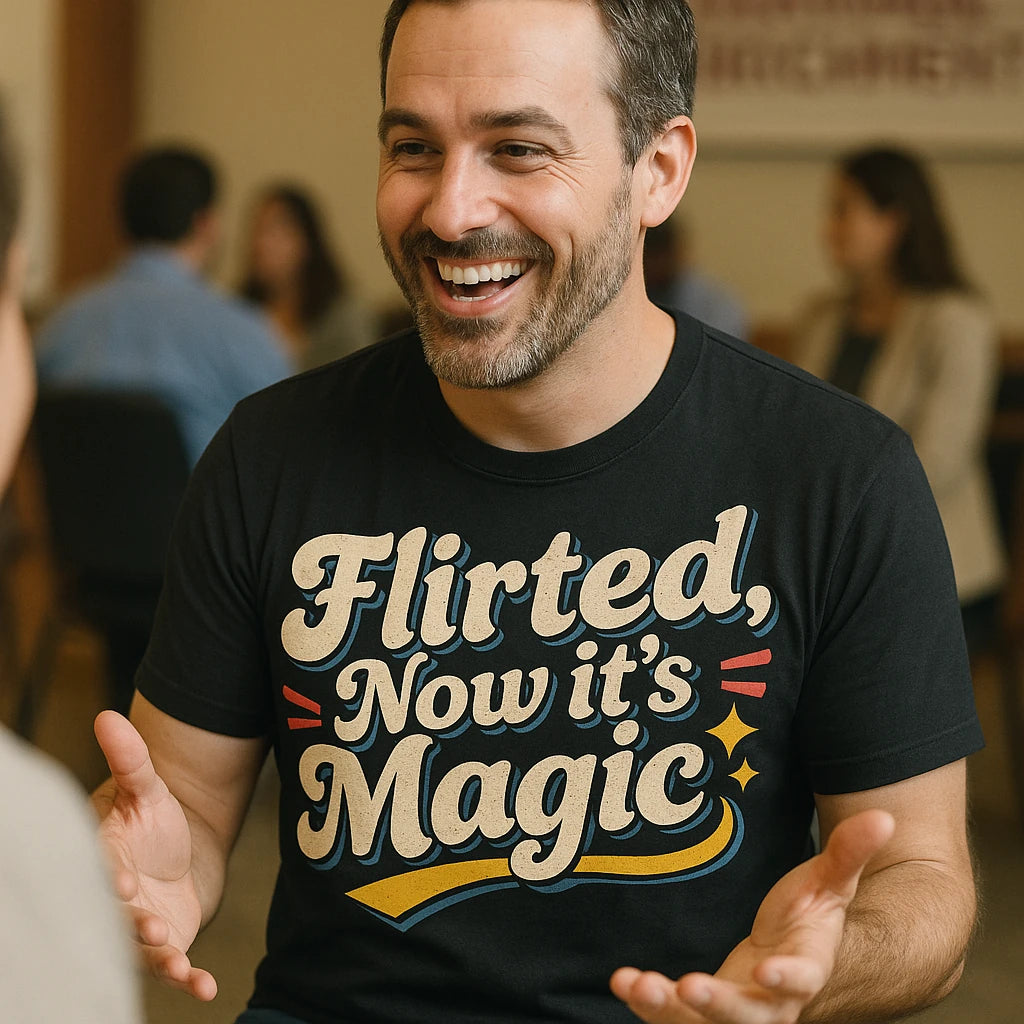A person with a beard is smiling and gesturing with open hands, wearing a black t-shirt with colorful text. The background shows people sitting in a blurred setting, suggesting a social or informal gathering.