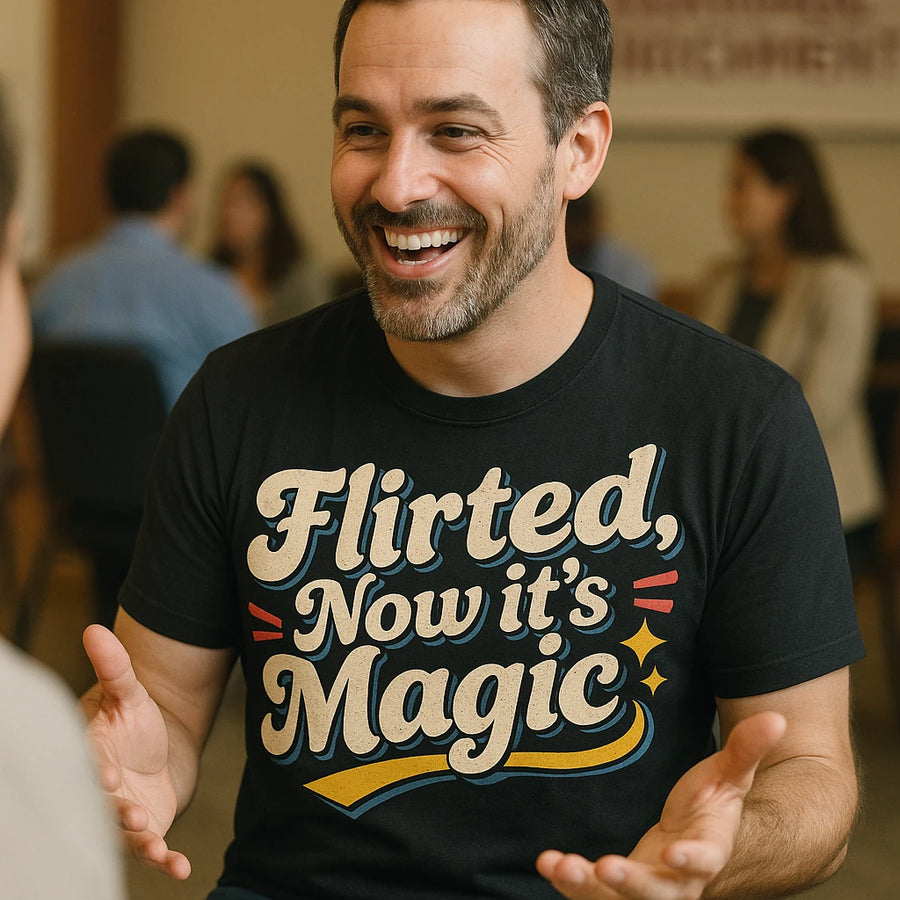 A person with a beard is smiling and gesturing with open hands, wearing a black t-shirt with colorful text. The background shows people sitting in a blurred setting, suggesting a social or informal gathering.