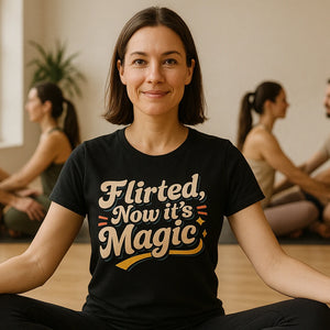 Lifestyle shot of the "Flirted, Now It’S Magic" black relationships shirts in a real-world setting