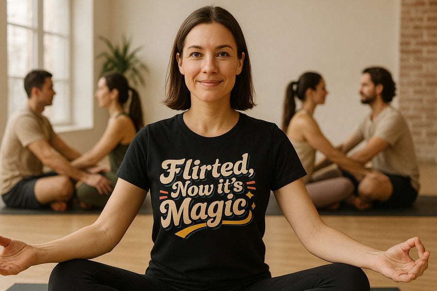 A person with short brown hair, wearing a black T-shirt with colorful text, is sitting cross-legged in a yoga pose, smiling at the camera. In the background, two couples sit facing each other, also cross-legged on yoga mats. The setting appears to be a bright, spacious room with a large window and a plant visible.