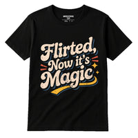 A black t-shirt with a vintage-style design featuring the text 