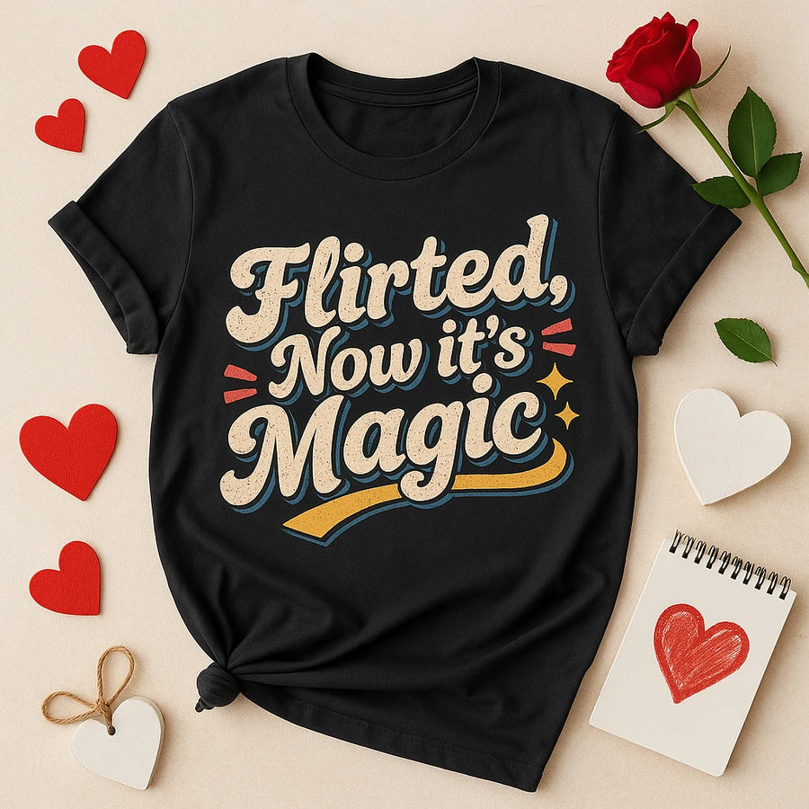 A black t-shirt with a colorful, playful design featuring the text "Flirted, Now it's Magic." The shirt is laid flat on a beige surface, surrounded by red and white hearts, a red rose, and a small notebook with a red heart drawn on one page. The shirt has a tied knot on the side for styling.