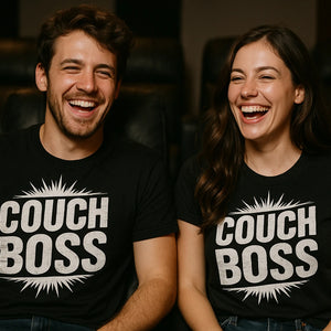 Person wearing the black graphic tee graphic tee - "Couch Boss" design