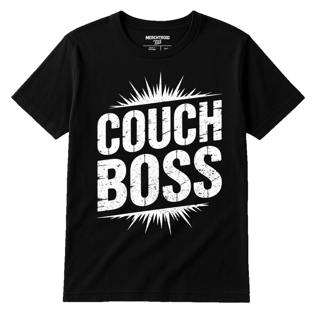 Black Graphic Tee - "Couch Boss" graphic tee with white print, flat lay product photo