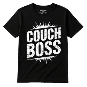 Black Graphic Tee - "Couch Boss" graphic tee with white print, flat lay product photo