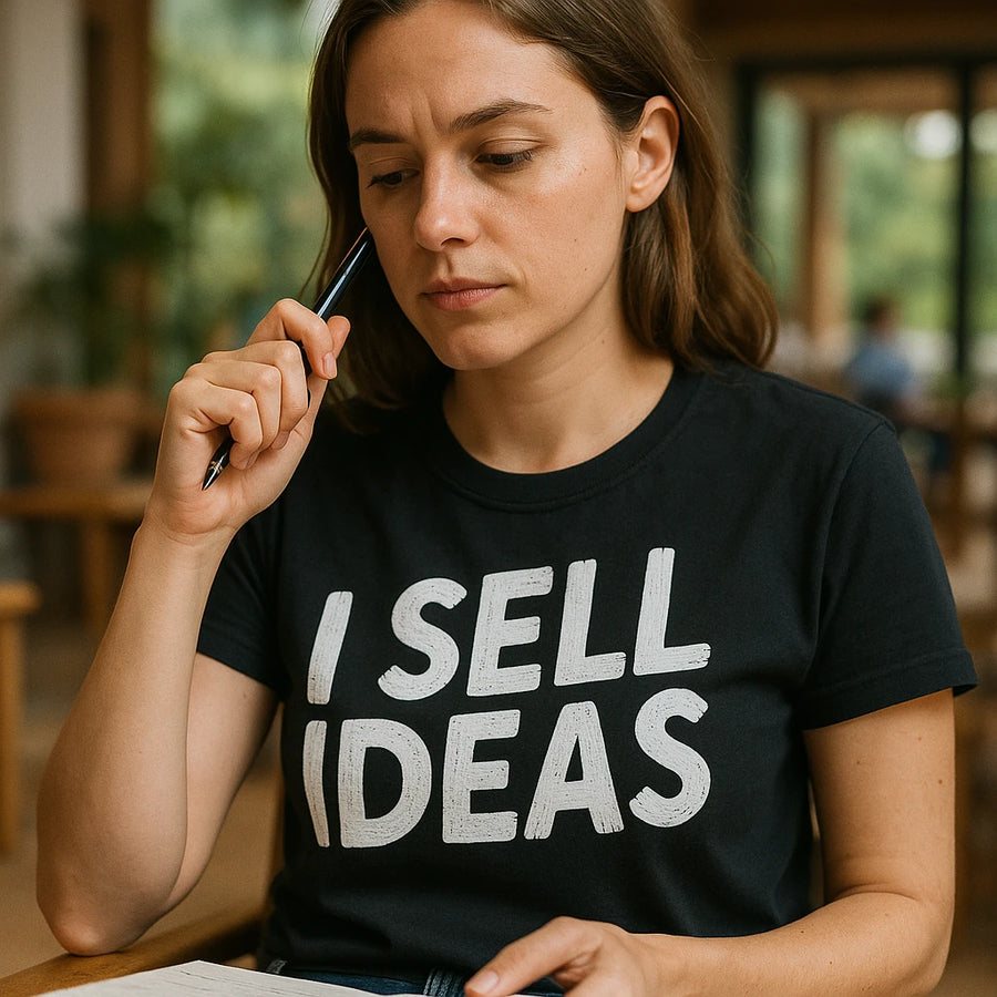 A person wearing a black T-shirt with the text "I SELL IDEAS" is holding a pen while looking thoughtful. They appear to be in an indoor setting with blurred background elements, possibly indicating a workspace or café.