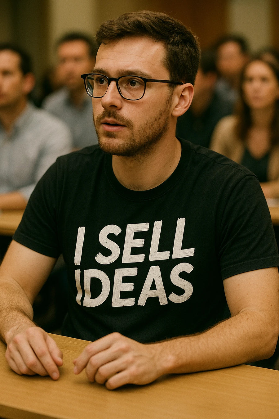 A person with short hair and glasses is sitting at a desk, wearing a black t-shirt with the text "I SELL IDEAS" printed in large white font. The background is a blurred image of people attending what appears to be a classroom or meeting setting.