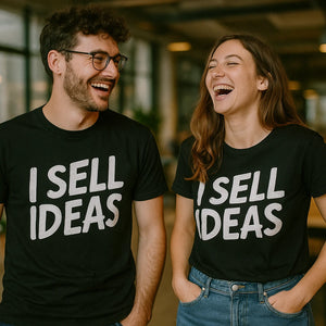 Person wearing the black entrepreneurs t shirt graphic tee - "I Sell Ideas" design