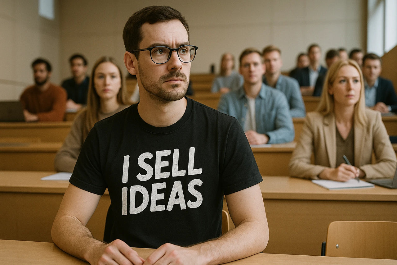 A person with glasses and a short beard sitting in a classroom, wearing a black t-shirt with the text "I SELL IDEAS." They are surrounded by other individuals, both male and female, sitting at desks, appearing to be attentively listening to a lecture or presentation.