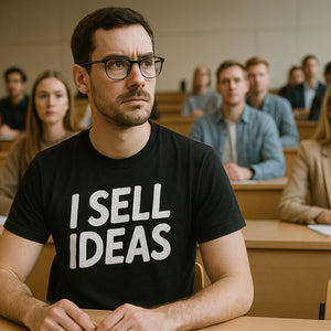 Lifestyle shot of the "I Sell Ideas" black entrepreneurs t shirt in a real-world setting
