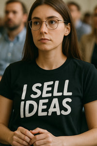 A person with long brown hair and wearing glasses is seated, facing forward. They are wearing a black T-shirt with the text 