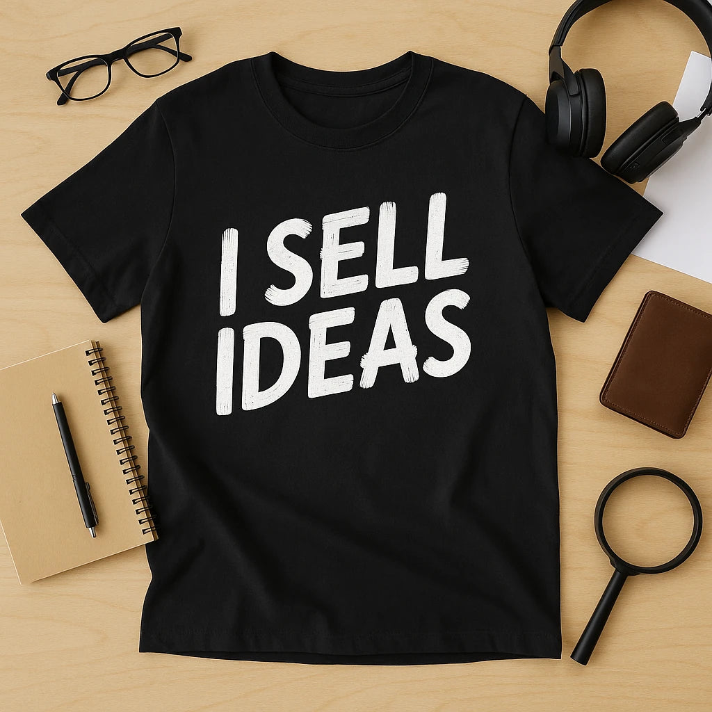 A black t-shirt with the text "I SELL IDEAS" in bold white letters is laid flat on a light wooden surface. Around the t-shirt, there are a pair of glasses, a spiral notebook with a pen, headphones, a leather wallet, and a magnifying glass.