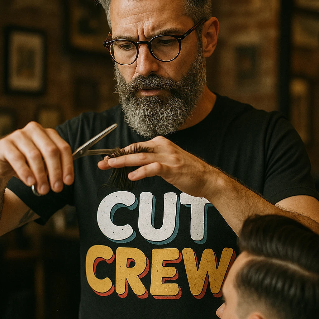 "Cut Crew" black hairdresser shirts - also one of the gifts to give hairdresser