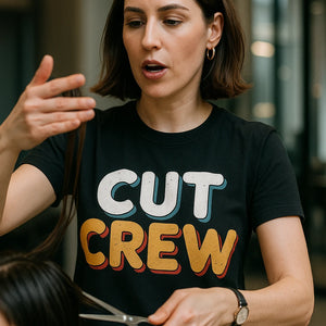 "Cut Crew" black hairdresser shirts - a christmas gift for hairdresser