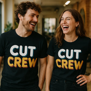Person wearing the black hairdresser shirts graphic tee - "Cut Crew" design