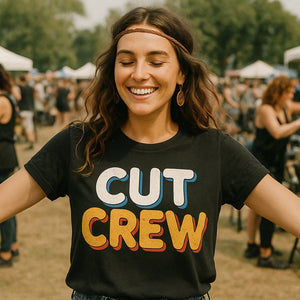 Lifestyle shot of the "Cut Crew" black hairdresser shirts in a real-world setting