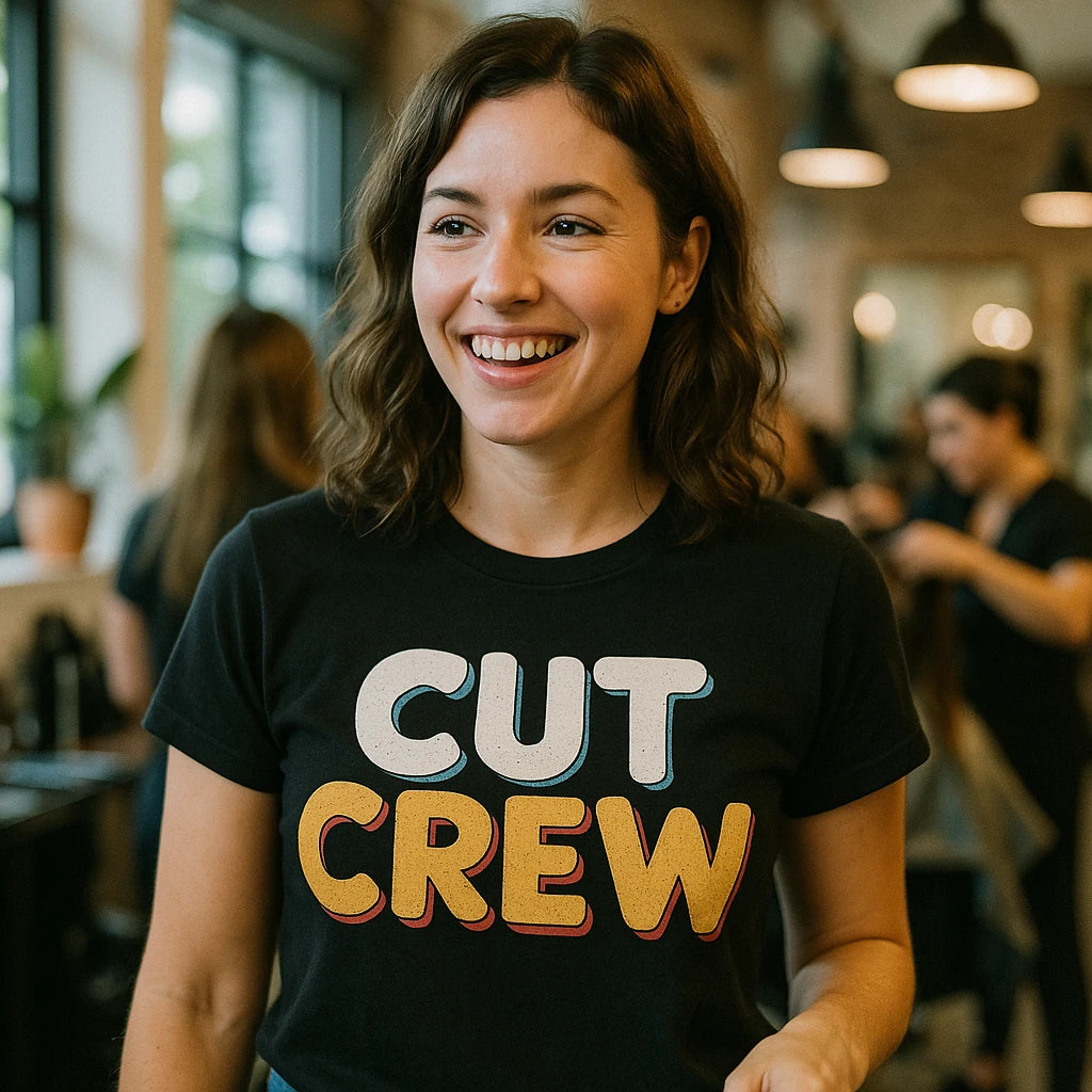 "Cut Crew" black hairdresser shirts - also one of the good gift for a hairdresser