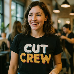"Cut Crew" black hairdresser shirts - also one of the good gift for a hairdresser