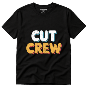 Black Hairdresser Shirts - "Cut Crew" graphic tee with gold print, flat lay product photo