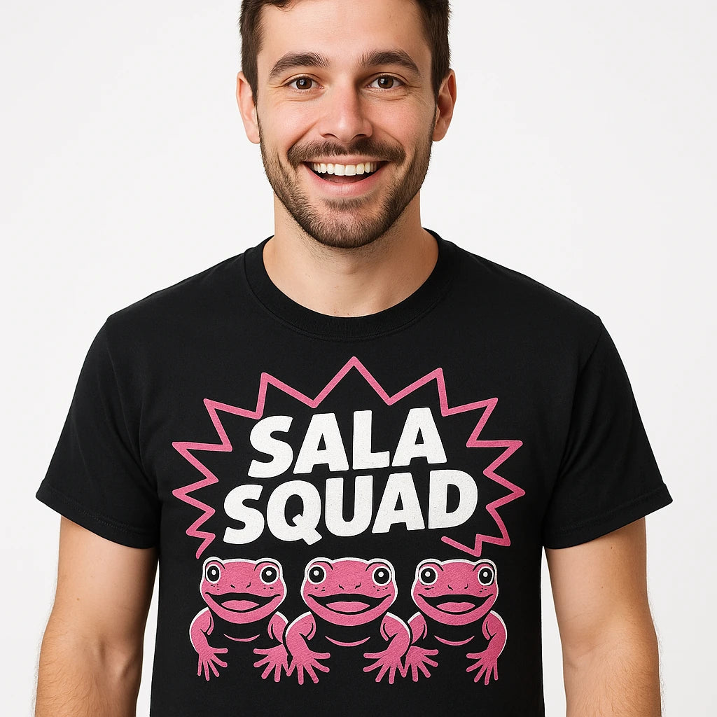 Close-up of the "Sala Squad" pink print on a premium Bella+Canvas black salamanders shirts