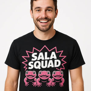 Close-up of the "Sala Squad" pink print on a premium Bella+Canvas black salamanders shirts