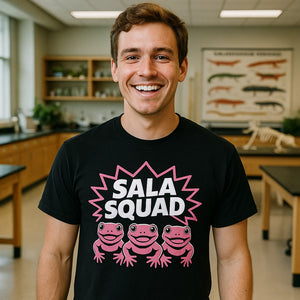 Lifestyle shot of the "Sala Squad" black salamanders shirts in a real-world setting