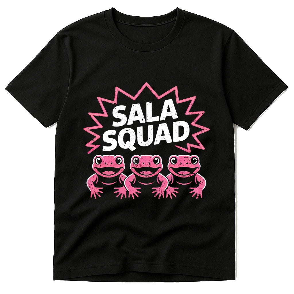 Black Salamanders Shirts - "Sala Squad" graphic tee with pink print, flat lay product photo