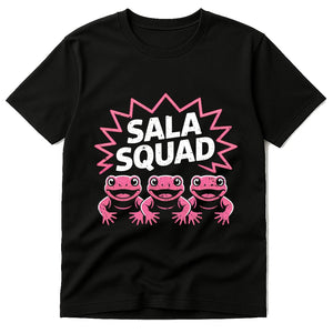 Black Salamanders Shirts - "Sala Squad" graphic tee with pink print, flat lay product photo