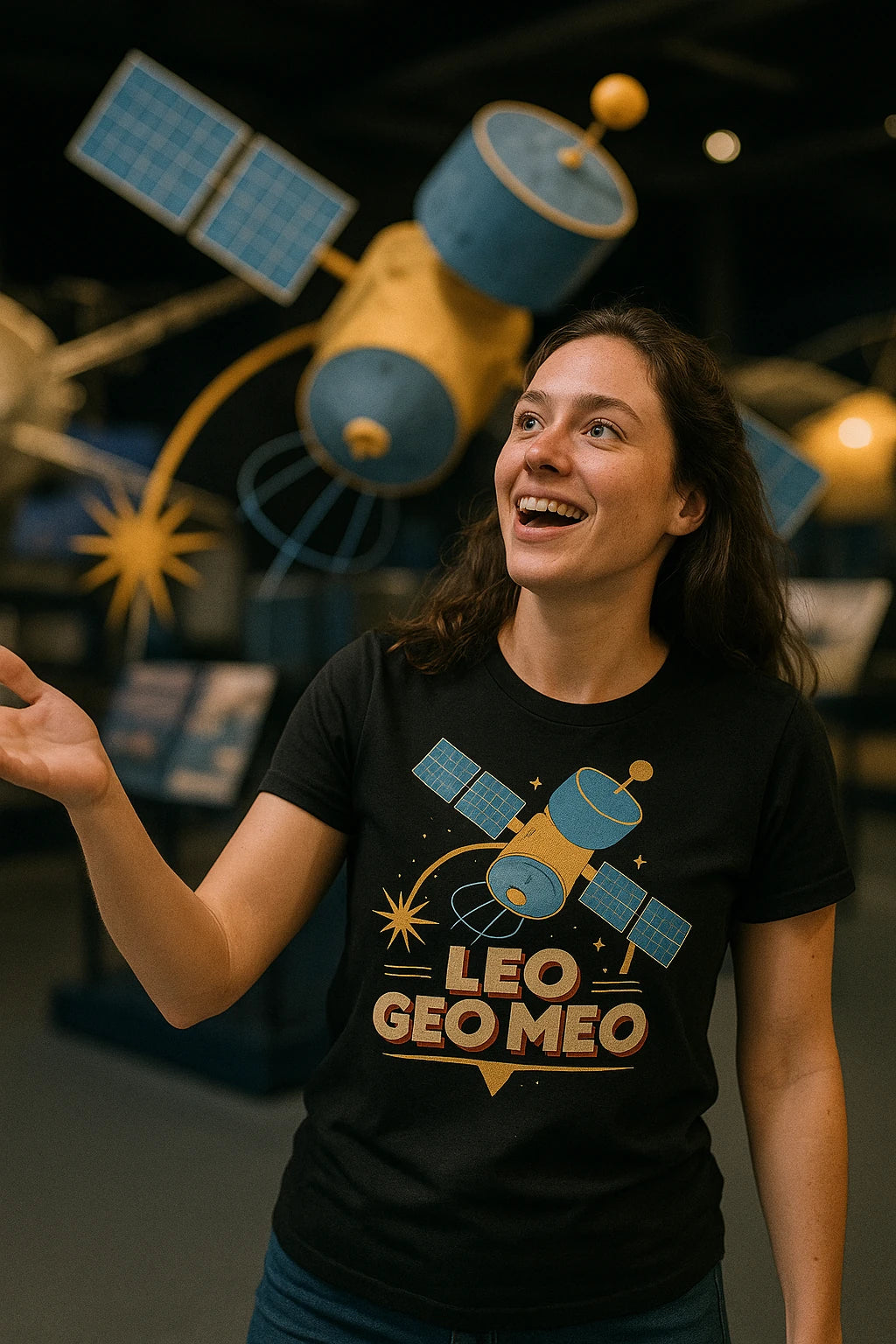 "Leo Geo Meo" black satellite t shirt - a birthday gift for satellite lover