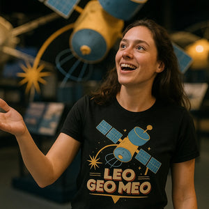 "Leo Geo Meo" black satellite t shirt - a birthday gift for satellite lover